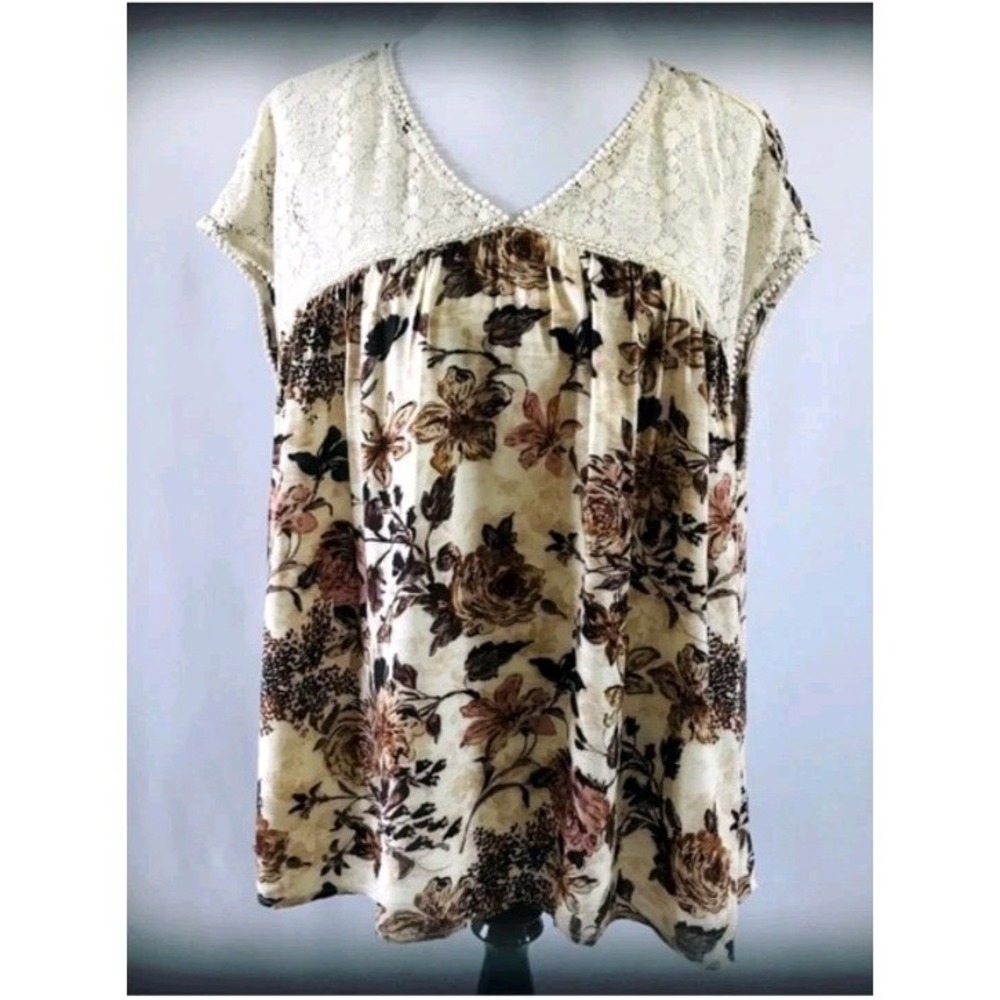 Kori America top L Floral Crochet Brown Cream Crochet Relaxed Fit Boho Flowy‎